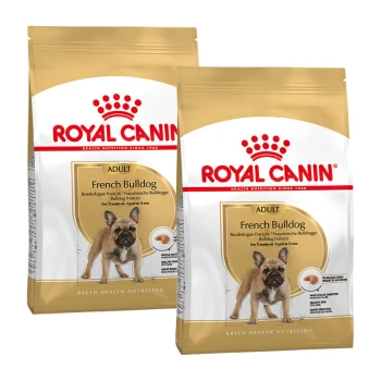 Two bags of Royal Canin Adult French Bulldog dog food, featuring a picture of a French Bulldog on the front and nutritional details.