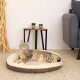 Getigerte Katze liegt entspannt in einem runden braun-cremefarbenen Plüsch-Tierbett auf Teppichboden neben einem Beistelltisch und einem grauen Sofa.