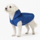 Ein französischer Bulldogge trägt eine leuchtend blaue Daunenjacke mit Kapuze und schaut mit einem neugierigen Ausdruck nach oben, vor einem weißen Hintergrund.