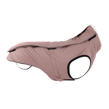 Eine Seitenansicht eines rosa Hundemantels mit einem flauschigen Kragen, der ein elegantes Design und schwarze Akzente aufweist, geeignet für kaltes Wetter.