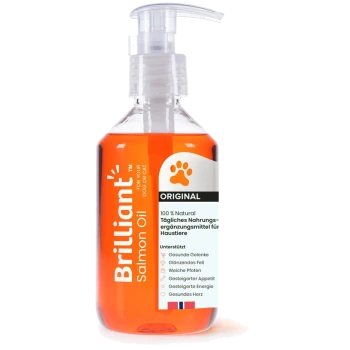 Brilliant Lachsöl für Hunde oder Katzen, 100 % natürliches Haustierergänzungsmittel, unterstützt Gelenke, glänzendes Fell, weiche Pfoten, Appetit, Energie, Herz.