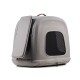 Grau Tiertragetasche mit einem Netzfenster und einer Seitenöffnung, entworfen für komfortables Reisen mit Haustieren.