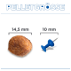Überschrift 'PELLETGRÖSSE'; braunes Tierpellet mit Beschriftung '14,5 mm' links und blaue Reißzwecke mit Beschriftung '10 mm' rechts zum Größenvergleich.