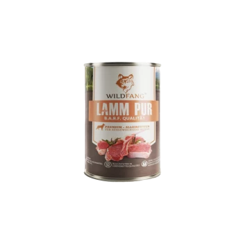 Dose Wildfang Lamm Pur B.A.R.F. Qualitäts-Hundefutter mit Lammfleischbild auf dem Etikett.