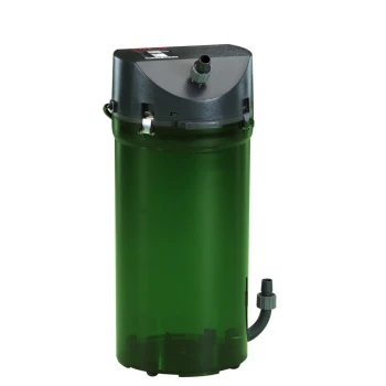 Groen aquariumfilter met een zwarte bovenkant, met een slangbevestiging en klemmen voor bevestiging, ontworpen voor waterfiltratie.