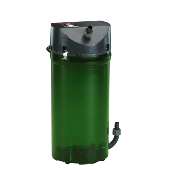 Grüner Aquarienfilter mit schwarzem Deckel, mit einem Schlauchanschluss und Klemmen zur Befestigung, entworfen für die Wasserfiltration.