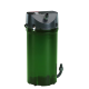 Groen aquariumfilter met een zwarte bovenkant, met een slangbevestiging en klemmen voor bevestiging, ontworpen voor waterfiltratie.