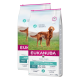 Zwei Säcke Eukanuba Daily Care Hundefutter für empfindliche Verdauung, mit einem Golden Retriever auf der Vorderseite, gekennzeichnet für erwachsene Hunde.