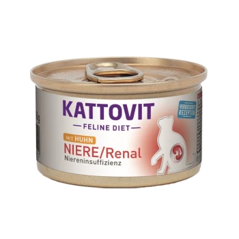 Kattovit Feline Diet Dosenkatzenfutter mit Huhn, entworfen zur Unterstützung der Nieren, mit einer Katzensilhouette und Nährwertangaben in deutscher Sprache.