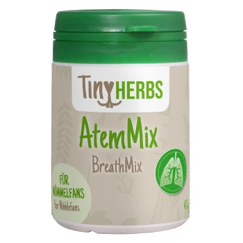 Behälter mit Tiny Herbs AtemMix (BreathMix) für kleine Haustiere, mit grünem Deckel, 40g Etikett und Text in Deutsch und Englisch.