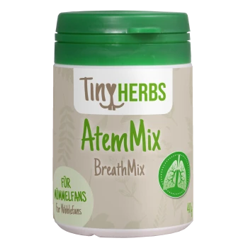 Behälter mit Tiny Herbs AtemMix (BreathMix) für kleine Haustiere, mit grünem Deckel, 40g Etikett und Text in Deutsch und Englisch.