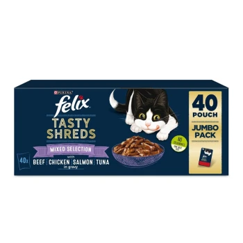 Felix Tasty Shreds cat food jumbo pack with 40 pouches, featuring a black and white cat and a bowl of shredded meat in gravy.