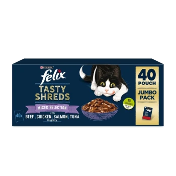Felix Tasty Shreds cat food jumbo pack with 40 pouches, featuring a black and white cat and a bowl of shredded meat in gravy.