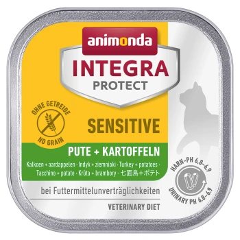 Integra Protect Sensitive 16x100g Pute und Kartoffel Dosen-Hundefutter mit der Aufschrift "Animonda Integra Protect Sensitive" mit Truthahn und Kartoffeln, mit den Texten "No Grain" und "Veterinary Diet."