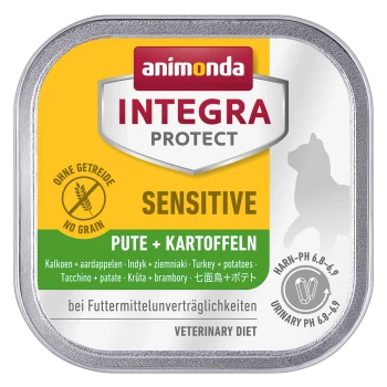 Dosen-Hundefutter mit der Aufschrift "Animonda Integra Protect Sensitive" mit Truthahn und Kartoffeln, mit den Texten "No Grain" und "Veterinary Diet."