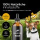 Flasche von Hundpur Zeckenschutz für Hunde, beschriftet mit "100% natürliche Inhaltsstoffe" und "Für diabetiker Hunde geeignet," auf Gras.