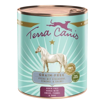 Dose mit Terra Canis getreidefreiem Hundefutter mit einer silbernen Pferdeillustration, mit dem Text "Pferd mit Rübe, Fenchel & Salbei."