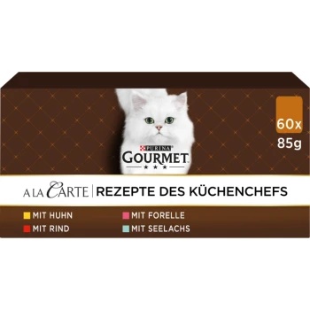 Opakowanie karmy dla kotów Purina Gourmet A La Carte z białym kotem, z smakami: kurczak, pstrąg, wołowina i dorsz, 60 x 85g.
