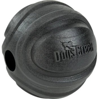 Jouet balle pour chien en caoutchouc texturé noir avec logo en relief "Dogstreat" et petite icône de chien.