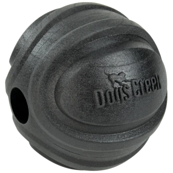 Schwarzer strukturierter Gummihundespielzeugball mit eingeprägtem Logo "Dogstreat" und kleinem Hundesymbol.