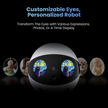 Anpassbare Roboteraugen zeigen Zeit und Kunstwerke, mit Text „Anpassbare Augen, personalisierter Roboter“ und „Verwandle die Augen mit verschiedenen Ausdrücken, Fotos oder einer Zeit-Anzeige.“