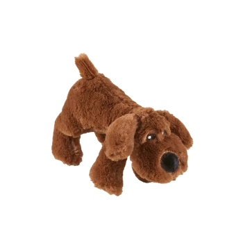 Braunes Plüsch-Hundespielzeug mit Schlappohren, kurzem Schwanz und schwarzer Nase.