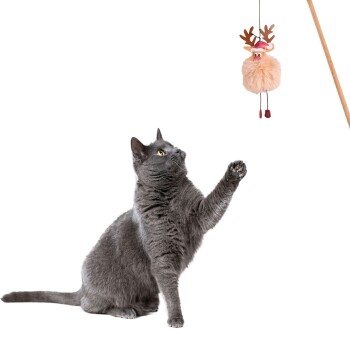 Eine verspielte graue Katze greift nach einem flauschigen rosa Spielzeug mit Geweihen, das an einem Stock vor einem weißen Hintergrund hängt.