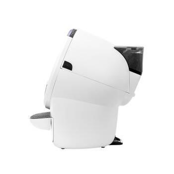 Weiße automatische Katzenstreu-Box mit einem schlanken Design, mit einem transparenten Abfallbehälter und einem Bedienfeld oben.