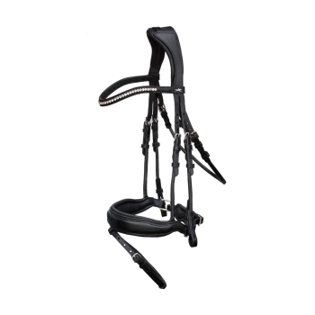 Schwarzes Haustiergeschirr mit gepolstertem Design und dekorativen Strasssteinen, ausgestattet mit mehreren verstellbaren Riemen für einen sicheren Sitz.