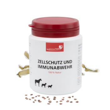 Weißer Behälter für Haustierergänzungsmittel mit rotem Deckel, beschriftet mit "Zellschutz und Immunabwehr 100% Natur" von HerzensTier, zeigt Symbole von Pferd, Hund und Katze.