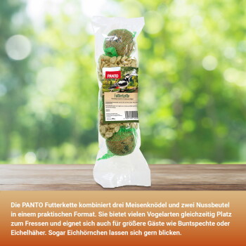 PANTO Futterkette verpackt: Vogelfutterkette mit zwei Nussbällen und drei Saatringen in klarem Beutel
