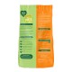 A green and orange pet food bag labeled "Muesli Free Co." with "92% new recipe," featuring feeding guidelines and care info for small animals.