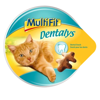 Een speelse oranje kat op de ronde MultiFit Dentalys verpakking, met een tandicoon en tekst in het Engels en Frans.