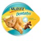 A playful orange cat on round MultiFit Dentalys packaging, featuring a tooth icon and text in English and French.