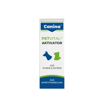 Canina PETVITAL Aktivator-Box für Hunde & Katzen, blaue Hundesilhouette und grüne Katzensilhouette, sichtbarer Text 'Zur Appetitanregung'.