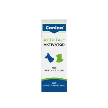 Canina PETVITAL Aktivator-Box für Hunde & Katzen, blaue Hundesilhouette und grüne Katzensilhouette, sichtbarer Text 'Zur Appetitanregung'.