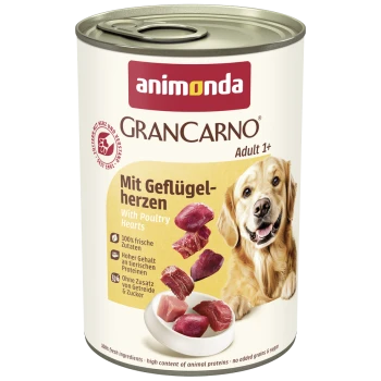 Dose Animonda GranCarno Adult 1+ Hundefutter mit Geflügelherzen, zeigt einen Golden Retriever und Produktvorteile auf Deutsch und Englisch.