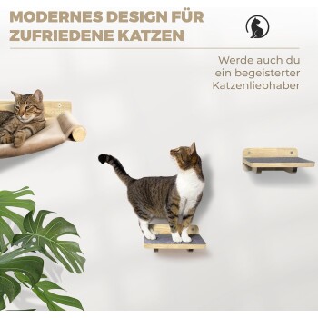 Zwei getigerte Katzen auf wandmontierten Holzregalen mit Pflanze; MODERNES DESIGN FÜR ZUFRIEDENE KATZEN