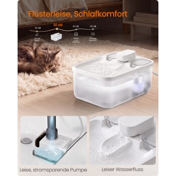 Weißer Haustierbrunnen auf dem Boden neben schlafender Katze; sichtbarer deutscher Text 'Flüsterleise, Schlafkomfort' sowie 'Leise, stromsparende Pumpe', 'Leiser Wasserfluss'.