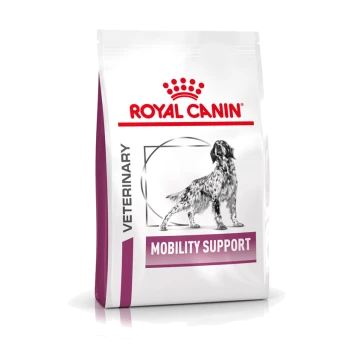 Royal Canin Veterinary Mobility Support Hundefutterbeutel mit einer Illustration eines schwarz-weißen Hundes und fettem Text auf weißem Hintergrund.