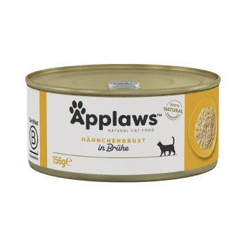 Blik Applaws natuurlijke kattenvoeding met kipfilet in bouillon, gelabeld als 100% natuurlijke ingrediënten, 156g.