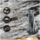 Graue Katze auf schwarzem Hintergrund mit Text über hochwertige Zutaten, Ergänzungen für erwachsene Katzen und nachhaltig gefangenen Fisch.