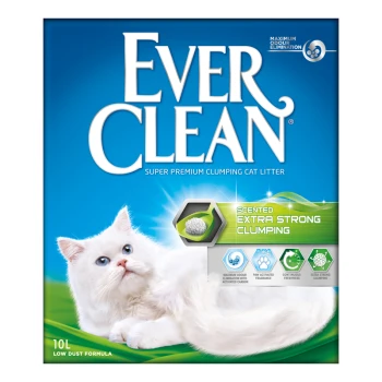 Extra Strong Clumping Katzenstreu, mit Duft 10 l Verpackung von Blue Ever Clean Katzenstreu mit einer weißen Katze, die "Duftend Extra Starker Klumpen" und "Maximale Geruchsentfernung" hervorhebt.