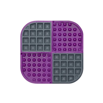 Lila und graue Futtermatte für Haustiere, unterteilt in vier Abschnitte mit unterschiedlichen Texturen, um Haustiere während der Fütterung zu stimulieren.