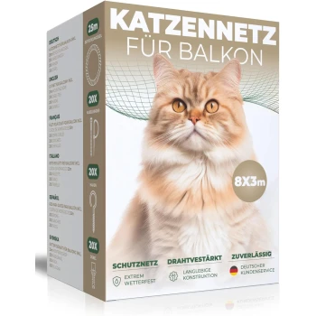 Katzensicherheitsnetz für Balkone, 8x3m, mit einer flauschigen Katze auf der Verpackung, mit mehrsprachigem Text und einem lokalen Geschäftsetikett.