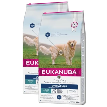 Eukanuba Daily Care Hundefutter für übergewichtige erwachsene Hunde, mit einem Golden Retriever auf der Verpackung, 12 kg Größe, mit 50% weniger Fett.