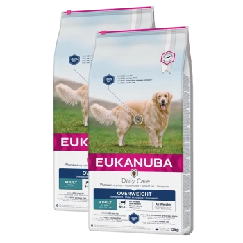 Eukanuba Daily Care Hundefutter für übergewichtige erwachsene Hunde, mit einem Golden Retriever auf der Verpackung, 12 kg Größe, mit 50% weniger Fett.