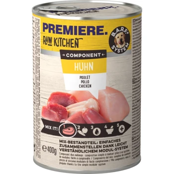 PAW KITCHEN Nassfutter Hund Adult Component, Geflügel 6x400 g Dose mit Premiere Raw Kitchen Haustierfutter, das Huhn als Hauptzutat enthält, mit Text in Deutsch und Englisch sowie einer Anweisung "Mix it!".