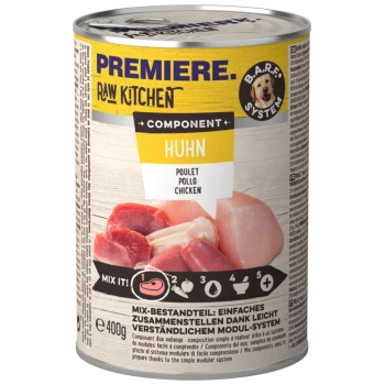 Dose mit Premiere Raw Kitchen Haustierfutter, das Huhn als Hauptzutat enthält, mit Text in Deutsch und Englisch sowie einer Anweisung "Mix it!".