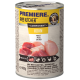 Dose mit Premiere Raw Kitchen Haustierfutter, das Huhn als Hauptzutat enthält, mit Text in Deutsch und Englisch sowie einer Anweisung "Mix it!".